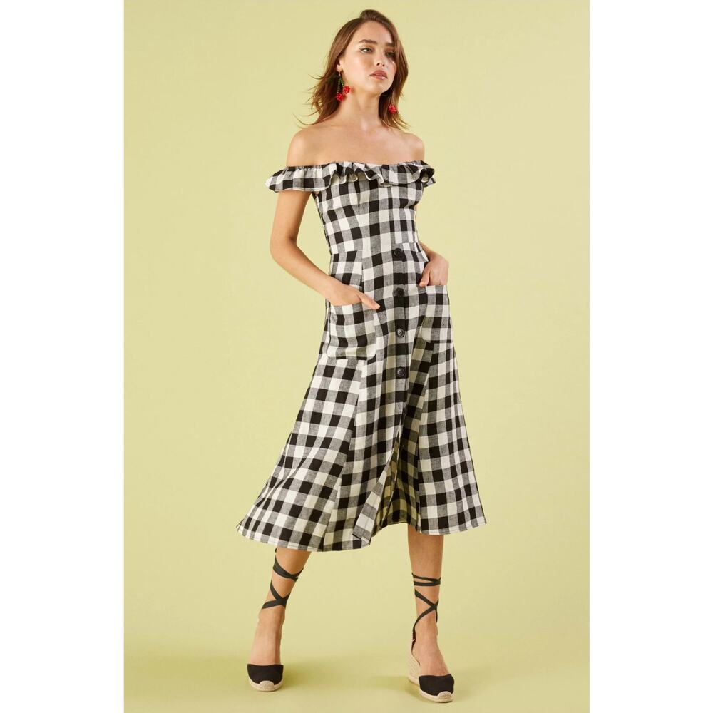 Reformation Hattie Off the Shoulder Women's Linen Plaid Dress Gingham Size 2 - Picture 7 of 10